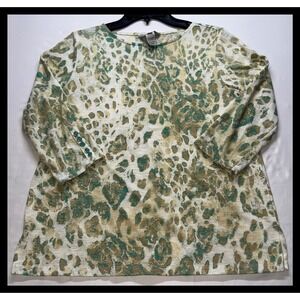 Multiples Animal Print Blouse Womens Small Green Button Back 3/4 Sleeve Top